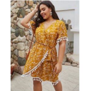 Faux Wrap Floral Tassel Dress